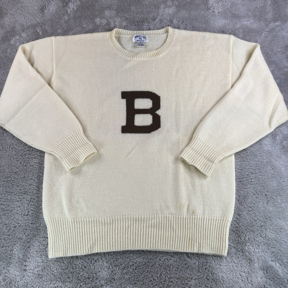 Varsity Athletic Wool Sweater Men's XL Cream‎ Letterman B Knit Crewneck - READ